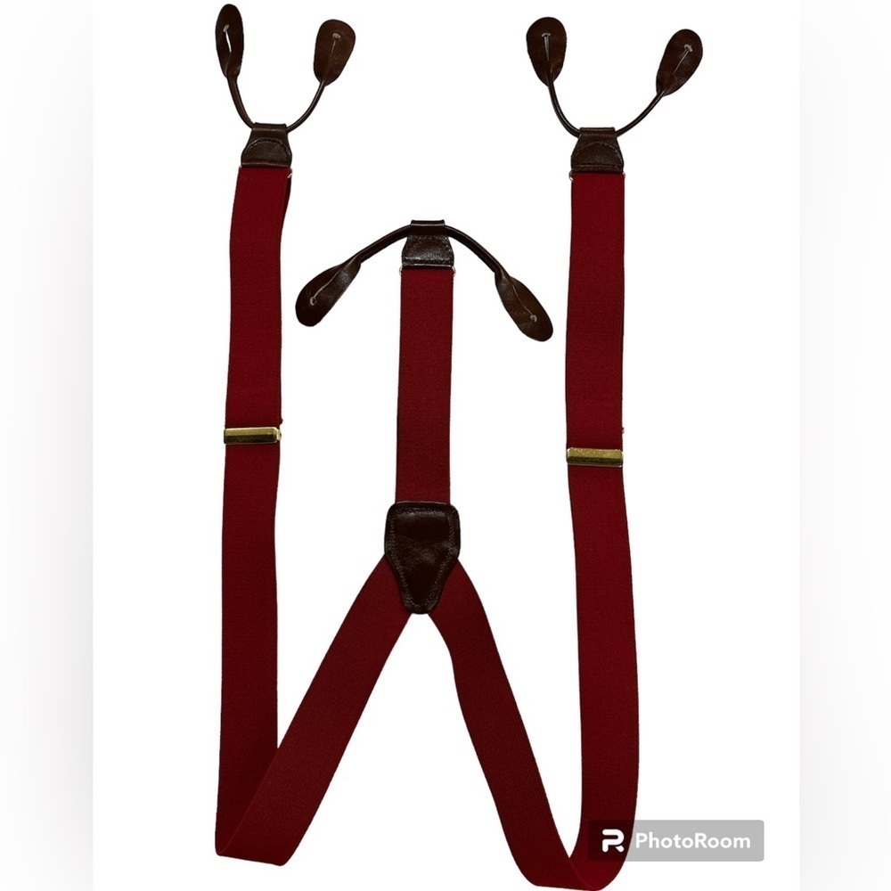 CAS West Germany Button Braces Suspenders Red Stretch w/ Brown Leather Preowned